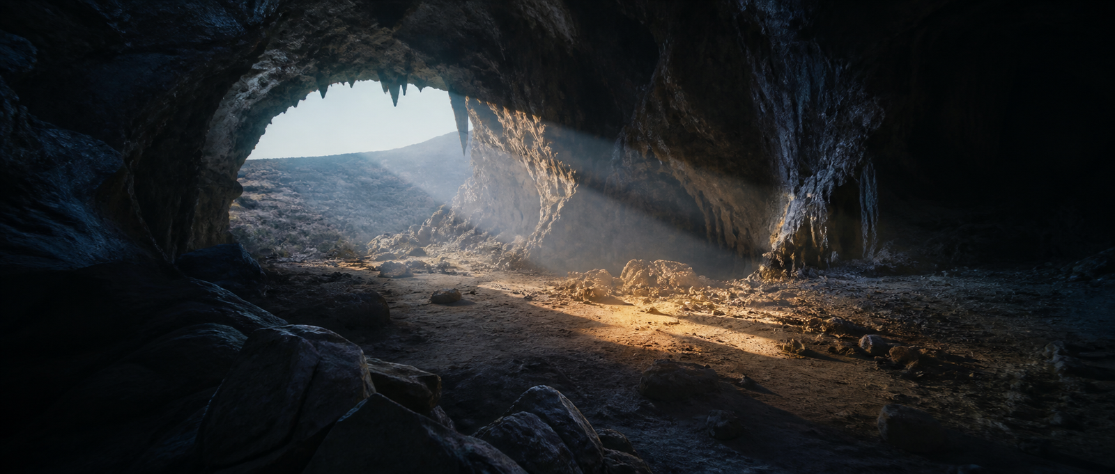Light pouring through the mouth of a limestone cave in Anatolia