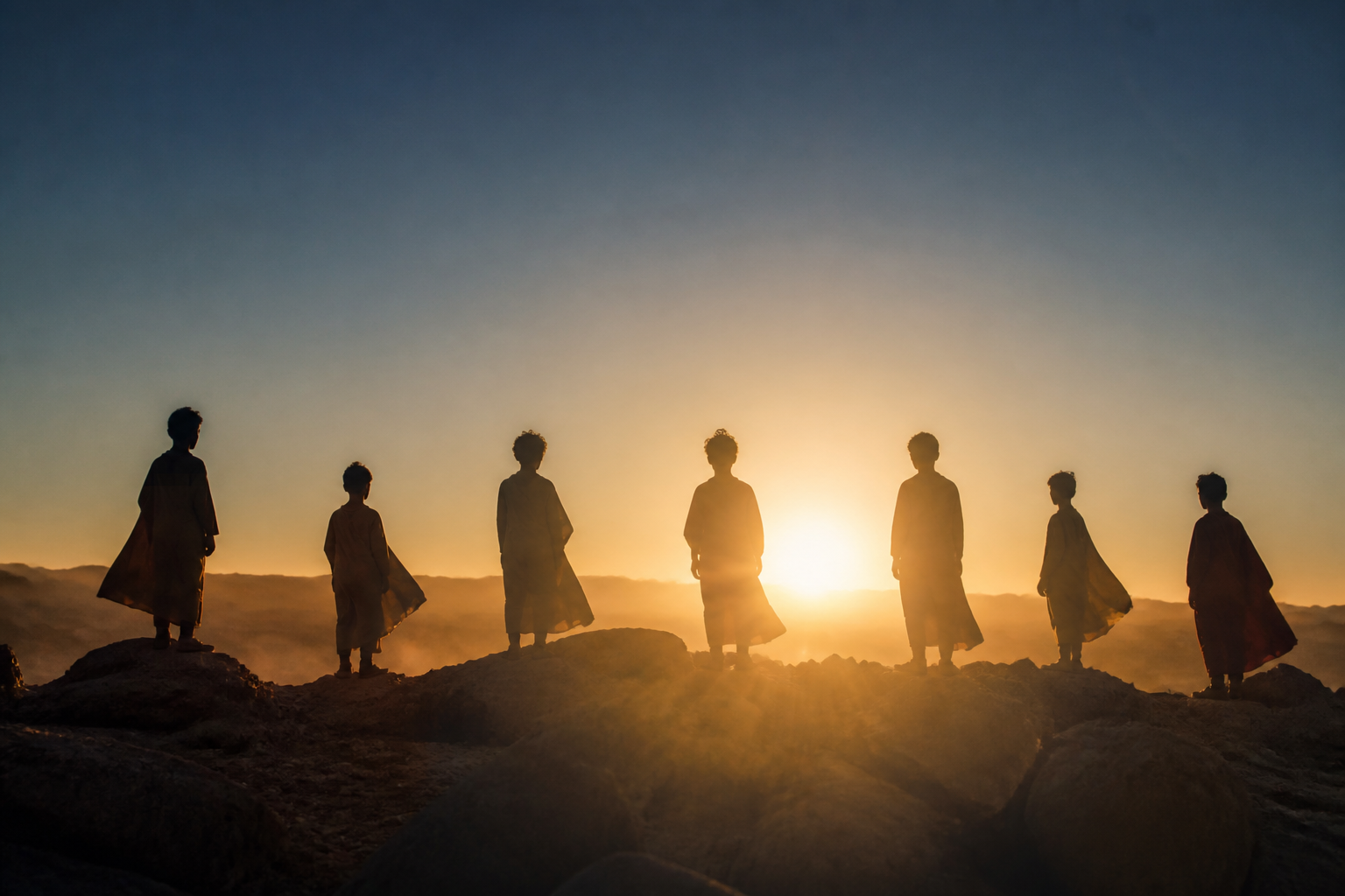 Seven young figures silhouetted on a ridge against a rising sun