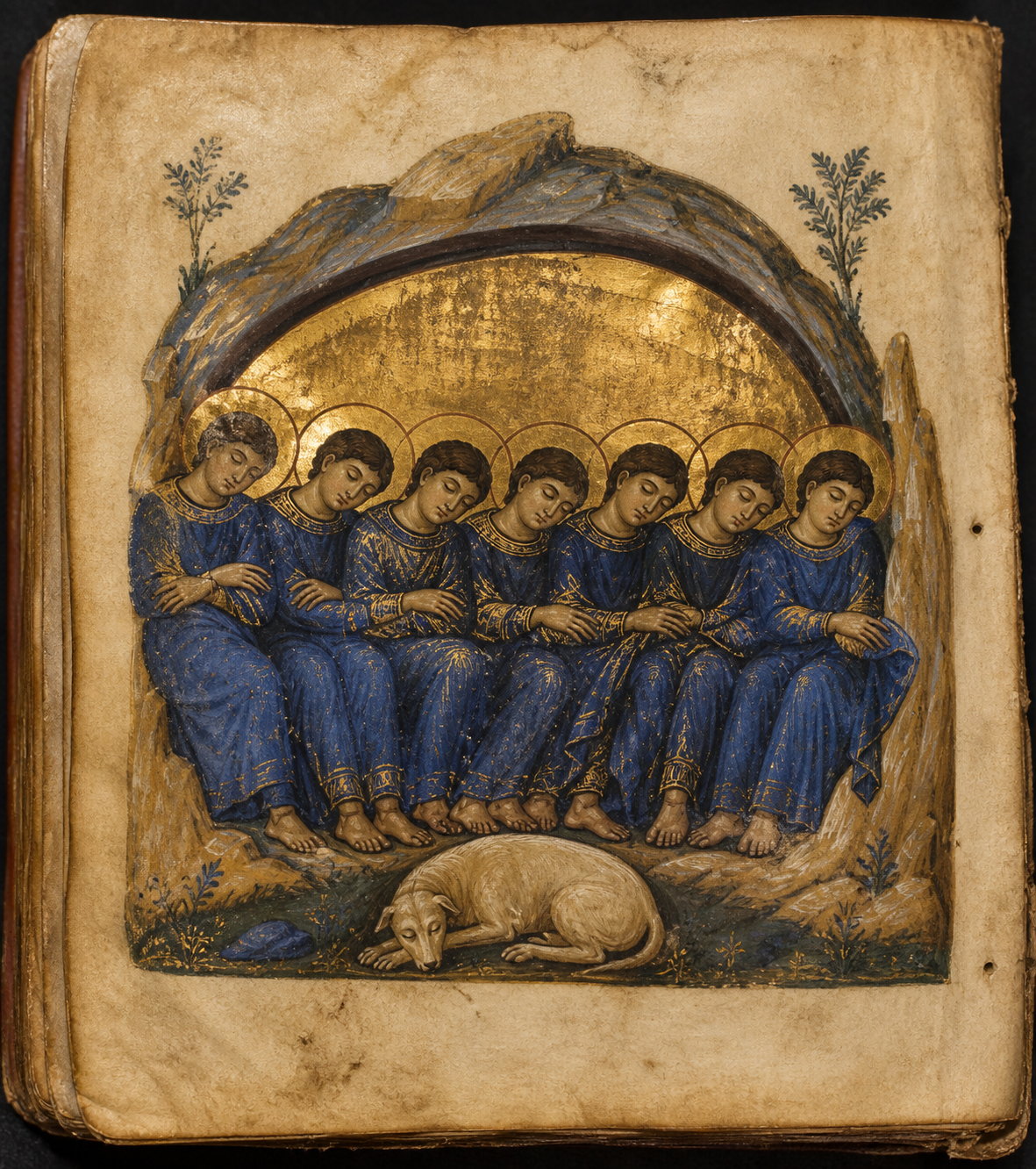 Illuminated manuscript page showing seven sleeping youths in a cave with a dog at their feet