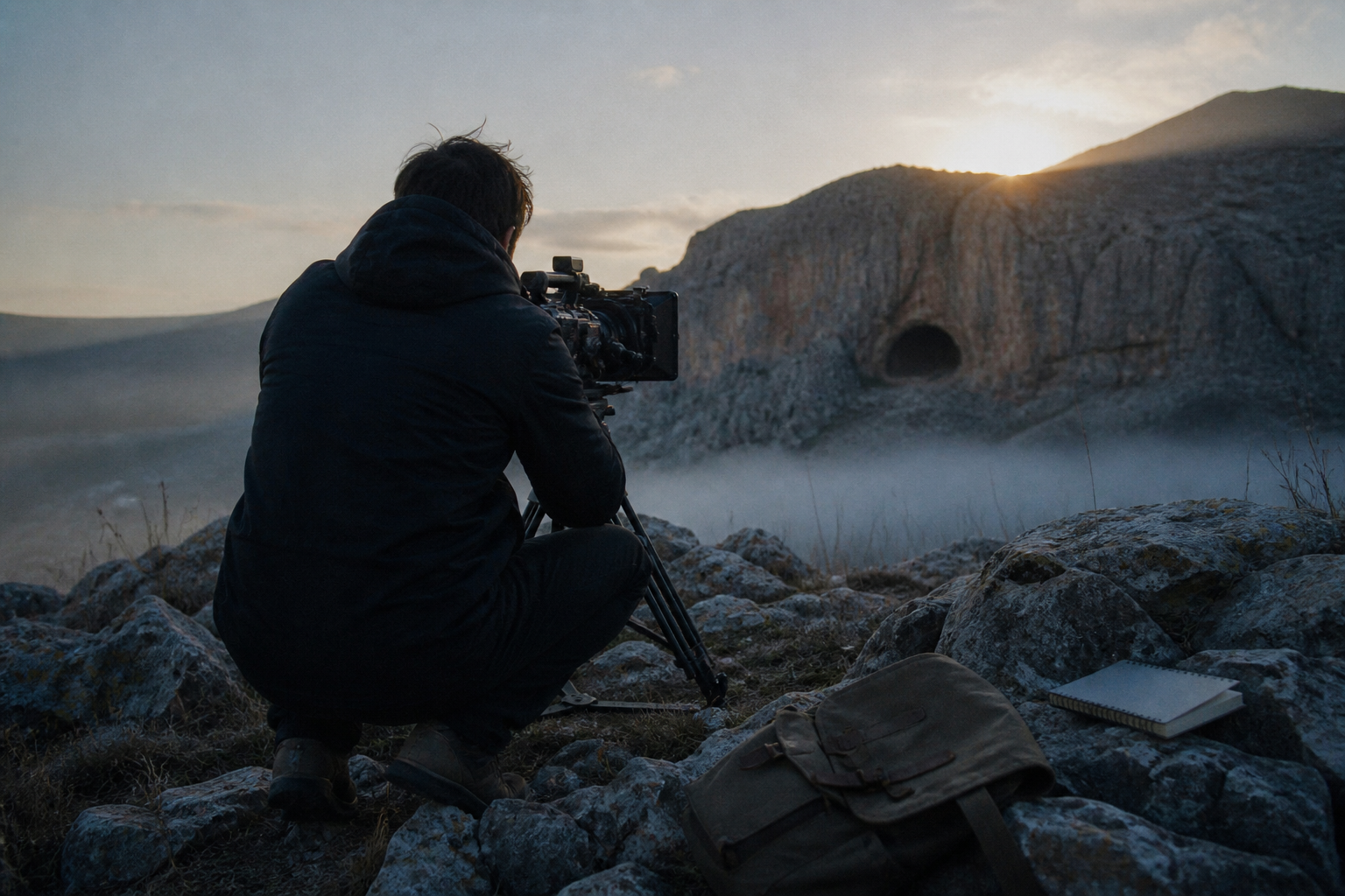 A filmmaker crouched on a rocky hillside at dawn, framing a distant cave opening with a cinema camera